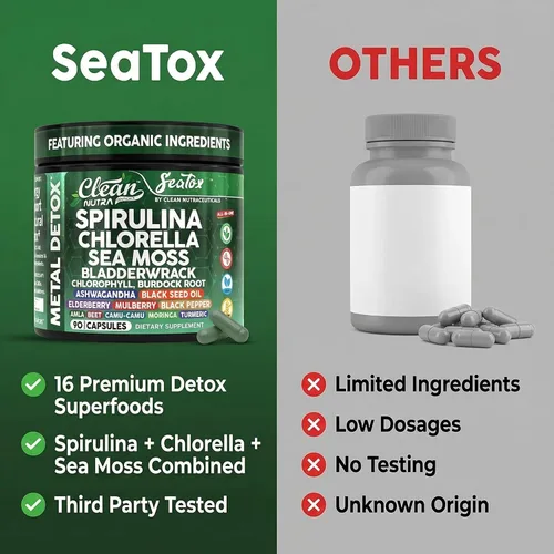 Vista 7 de Sea Tox Cápsulas de Espirulina y Clorella Orgánicas Limpieza Natural y Nutrición Musgo Marino Fucus Clorofila Raíz de Bardana Ashwagandha Cúrcuma 90
