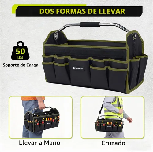 Vista 7 de Bolsas de herramientas plegables de boca abierta de 20 pulgadas para hombres de servicio pesado, portaherramientas rígido con asa, bolsa