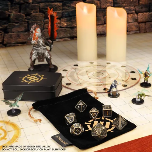 Vista 6 de ENHANCE DND - Juego de dados de metal, 7 dados poliédricos con estuche de almacenamiento y bolsa con cordón, juego de metal sólido para Calabozos