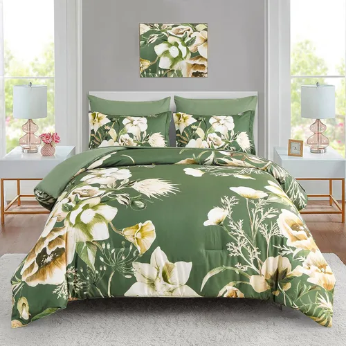 Vista 31 de Luxudecor Juego de edredón floral tamaño individual de 7 piezas, cama de flores aguamarina en una bolsa, elegante edredón floral degradado con juego