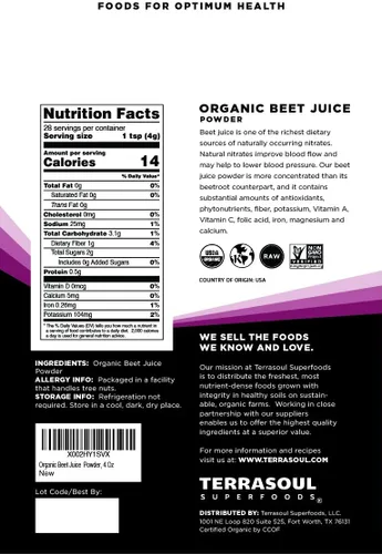 Vista 2 de Terrasoul Superfoods Polvo de jugo de remolacha orgánico, 4 onzas, cultivado en Estados Unidos Cristales concentrados de jugo de remolacha
