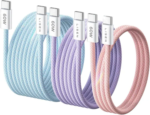 Vista 30 de LISEN Cable USB C, paquete de 5 cables USBC a USBC [0.5 pies] para iPhone 17 16e 15 Pro Max, cable de carga rápida de 60 W C a C para Galaxy Negro