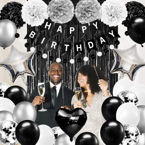 Vista 4 de Decoraciones de fiesta de cumpleaños en blanco y negro, decoraciones de feliz cumpleaños para hombres, mujeres, niños y niñas, incluyendo pancarta