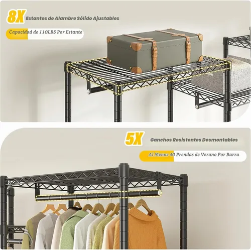Vista 5 de Raybee Perchero de ropa con cubierta, perchereros para colgar ropa resistente, armario portátil con estantes, ajustable, carga de 905 LBS, negro