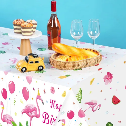 Vista 5 de Mantel rectangular de plástico tropical con diseño de flamenco rosa para decoración de fiesta de cumpleaños, picnic de verano, playa, 3 piezas, 54 x