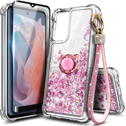 Vista 25 de Funda compatible con Samsung Galaxy S24-FE Aqua/Purple Funda líquida flotante con purpurina linda con protector de pantalla de vidrio templado