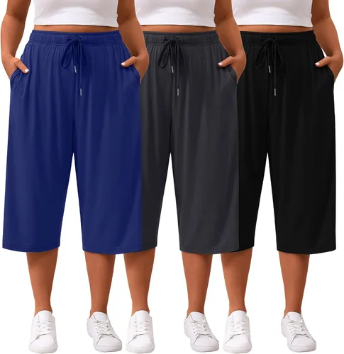 Vista 8 de Paquete de 3 pantalones capri de talla grande para mujer, ajuste holgado, pierna ancha, pantalones recortados para yoga, descanso, entrenamiento
