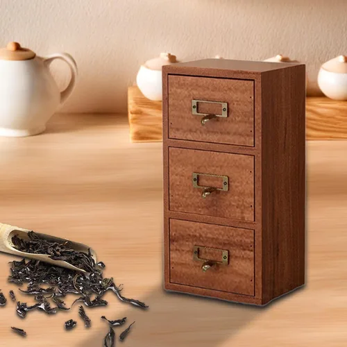 Vista 2 de Caja de almacenamiento de cajones de madera, organizador multiusos, gabinete de almacenamiento de té, compartimento de joyería, gabinete de mesa 3