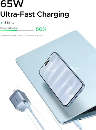 Vista 2 de UGREEN Nexode Air 65W USB C GaN Bloque de cargador con cable de 3.3 pies Azul