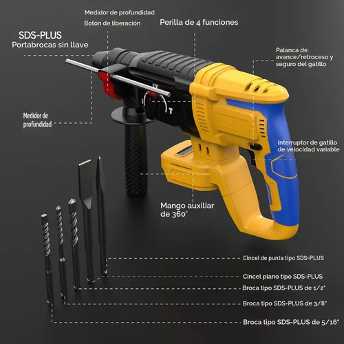 Vista 6 de SDS - Martillo giratorio inalámbrico compatible con batería Dewalt de 20 V, sin escobillas, taladro giratorio SDS para hormigón, mampostería