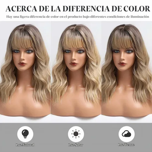 Vista 7 de HAIRCUBE Pelucas de color marrón a rubio con flequillo, pelucas sintéticas de cabello rizado, pelucas de cabello largo ondulado natural resistente