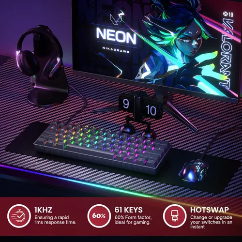 Vista 2 de Teclado mecánico para juegos 61 teclas multicolor RGB iluminado LED retroiluminado con cable programable para jugadores de PCMac