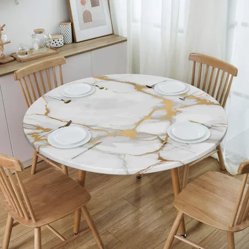 Vista 3 de Mantel para mesa redonda con estampado de mármol blanco, borde elástico, ajustado, impermeable, para mesas de interior y exterior, para comedor