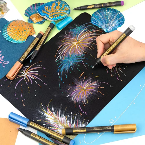 Vista 2 de Betem Marcadores de pintura metálica, marcadores metálicos acrílicos de 26 colores para papel negro, bolígrafos con purpurina de punta media