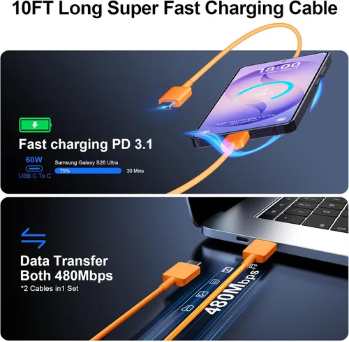Vista 5 de Cargador USB C súper rápido de 60 W, cargador tipo C, bloque de carga rápida para teléfono Android con cable de carga rápida USB C de 10 pies
