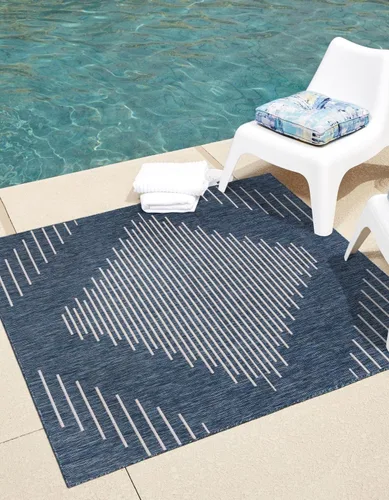 Vista 35 de Unique Loom Outdoor Modern Collection - Alfombra rectangular de 2 x 3 pies 1 pulgada, color azul y marfil