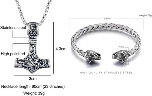 Vista 6 de JILIYUPA Juego de 2 pulseras con colgante vikingo nórdico para hombres y mujeres, collar clásico de acero inoxidable, collar vikingo negro