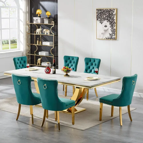 Vista 35 de Mesa de comedor blanca de 68 pulgadas para 4-6, mesa de cocina rectangular moderna con mesa de mármol sintético y base de acero inoxidable plateado