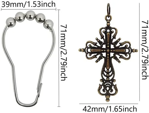 Vista 2 de 12 ganchos de cortina de ducha con cruz vintage para baño, anillos de cortina de acero inoxidable a prueba de óxido con colgante de cruz para Cruz