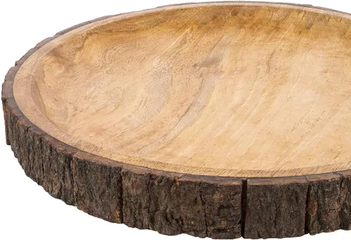 Vista 3 de GoCraft - Plato redondo de madera para servir con corteza de árbol en los bordes, plato de pizza de madera de mango, tabla para servir, plato