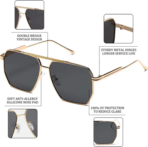 Vista 3 de Palarado Gafas de sol cuadradas de aviador de gran tamaño vintage retro de los años 70 para mujeres y hombres, tonos frescos de metal