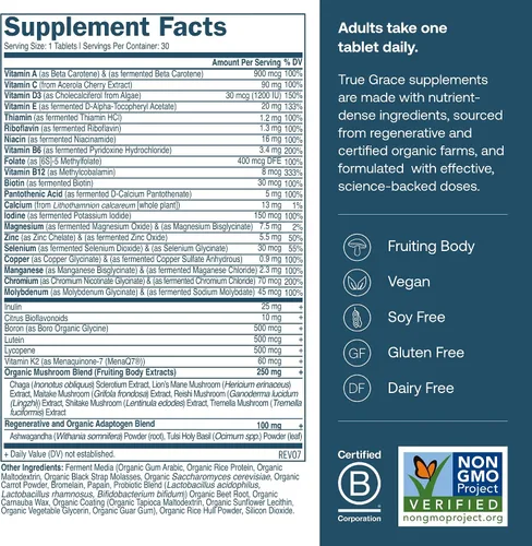 Vista 2 de True Grace Minerales fermentados multivitamínicos diarios para hombres, adaptógenos orgánicos y hongos para equilibrar todo el cuerpo, suplemento
