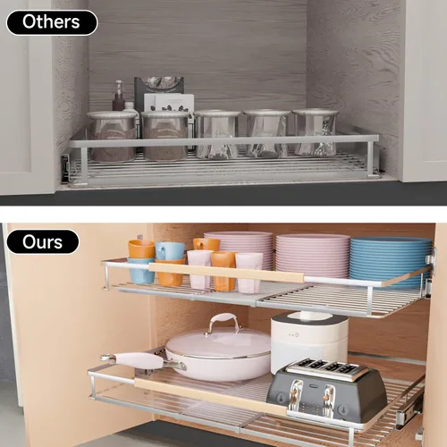 Vista 4 de Paquete de 1 organizador de gabinete extraíble expandible, cajones deslizantes para armarios de cocina, guías de cajones resistentes para el hogar