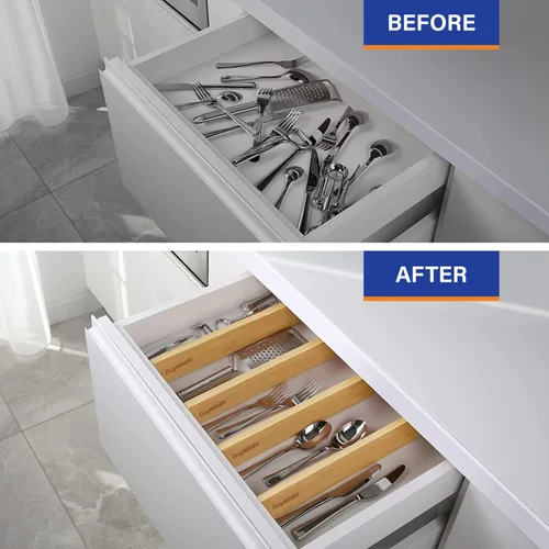 Vista 4 de Separadores de cajones de bambú ajustables para ropa, utensilios de cocina, escritorios de oficina, accesorios de baño, calcetines y ropa
