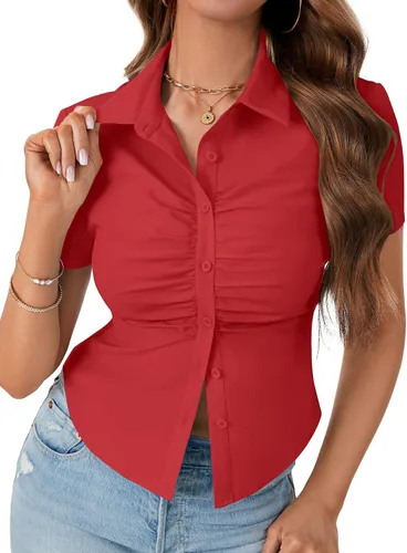 Vista 7 de LYANER Blusa de trabajo de manga corta acanalada con cuello en V y botones para mujer