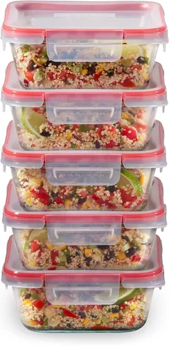 Vista 11 de Pyrex Freshlock - Juego de 10 recipientes de vidrio herméticos para almacenamiento de alimentos de tamaños variados, sin tóxicos, con tapas