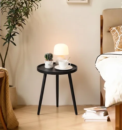 Vista 7 de Mesa auxiliar redonda negra, mesa decorativa con patas de metal con bandeja de madera, mesa auxiliar redonda pequeña para sala de estar, dormitorio