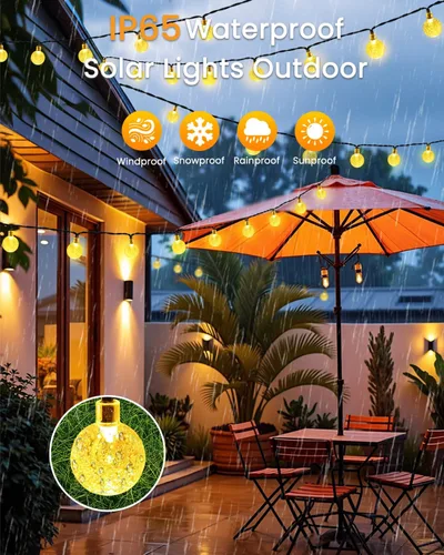 Vista 4 de LORRYTE - Paquete de 2 tiras de luces solares de globo de 64 pies, 100 luces LED para exteriores, color blanco cálido Crystal Globe Patio Lights