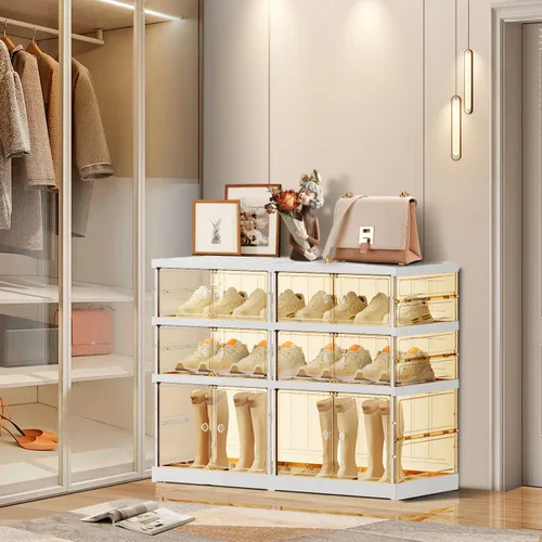 Vista 5 de EHAMILY 3 niveles, 6-12 pares de cajas de zapatos plegables, estante grande de plástico para almacenamiento de zapatos, organizador de zapatos