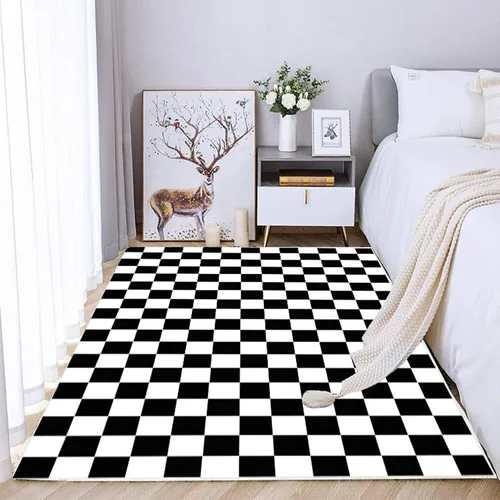 Vista 11 de Alfombra a cuadros de 2 x 3 pies, alfombra negra y blanca moderna para entrada interior, alfombra pequeña lavable a cuadros para baño, alfombra