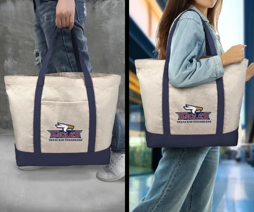 Vista 2 de Campus Lab Bolsa de lona con logotipo primario colegiado con bolsillo externo, bolsa de hombro reutilizable para ir de compras, playa Águilas A&m