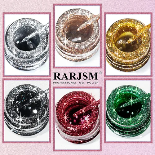 Vista 5 de RARJSM Juego de esmaltes de uñas de gel de pintura metálica, negro, plateado, dorado, verde, rosa, negro, brillantina, efecto platino, 6 piezas, Set