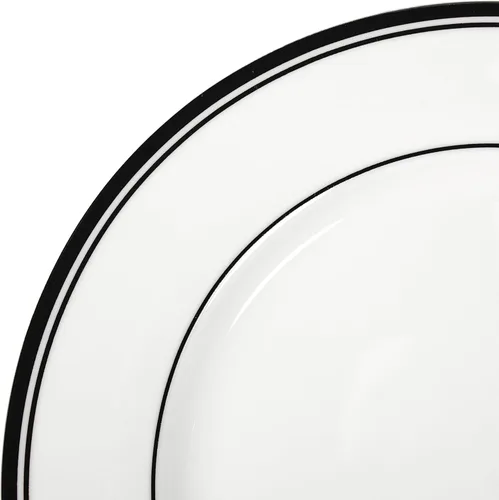 Vista 4 de Amazon Basics - Juego de vajilla de cocina de 16 piezas con rayas de café, platos, cuencos, tazas, servicio para 4, color negro