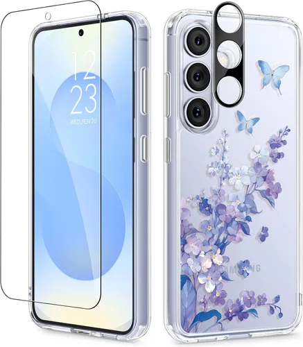 Vista 21 de GVIEWIN Funda protectora para Samsung Galaxy S25, transparente floral, delgada, a prueba de golpes, para mujer, no se pone amarilla, con protector