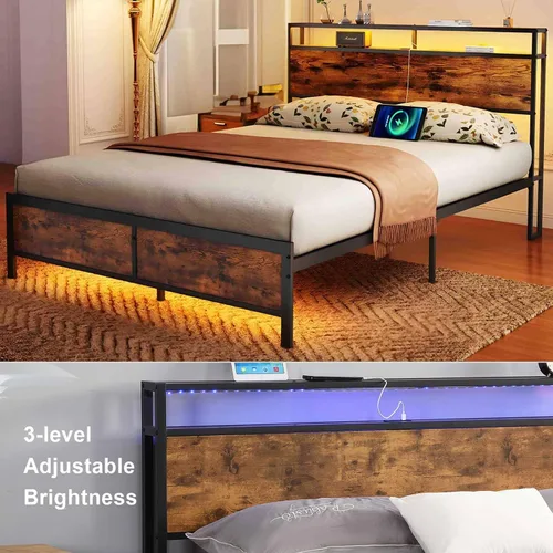 Vista 5 de Base de cama Queen con luces LED, 2 puertos USB, cabecera rústica de almacenamiento de 2 niveles, marco de cama de plataforma industrial, cámaras
