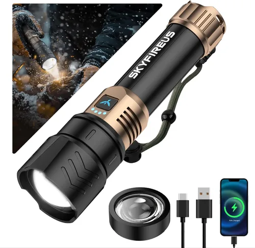 Vista 8 de SKYFIRE Linternas LED de alto lúmenes con lente de encendido, linterna recargable súper brillante de 3000 lm, 4 modos de zoom, luz táctica Linterna