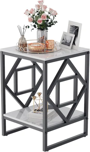 Vista 10 de Wisfor Mesa auxiliar de piedra sinterizada: mesa de centro pequeña cuadrada blanca de 2 niveles con marco dorado - Mesa auxiliar moderna de blanco +