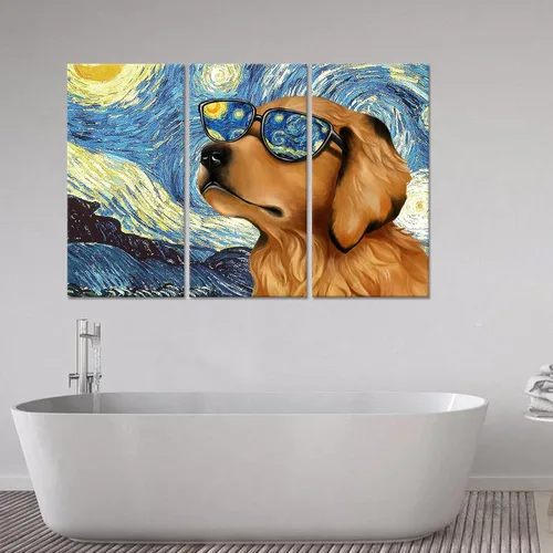Vista 4 de Kaloremore Van Gogh Starry Night in Cool Dog Golden Retriever - Pintura de gafas de sol Giclée impresiones en lienzo envuelto en galería, 3 piezas