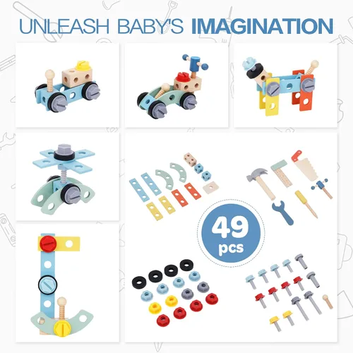 Vista 5 de 2-in-1 Wooden Baby Walker and Tool Bench with Building Play, Blue Azul