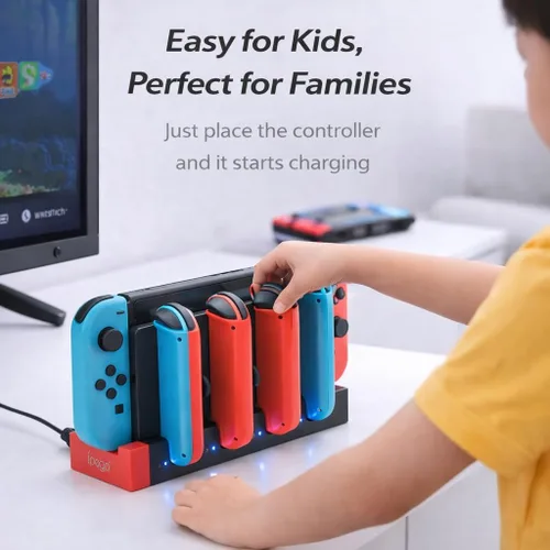 Vista 4 de ECHZOVE Estación de carga para controlador de interruptor, cargador para 4 Joy-Cons con 4 ranuras de carga Joy Con, 2 enchufes USB 2.0 e indicador