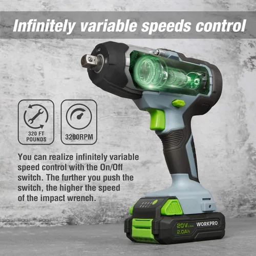 Vista 6 de WORKPRO Llave de impacto inalámbrica de 20 V, de 1/2 pulgada, par máximo de 320 pies-libra, batería de iones de litio de 2.0 Ah con cargador rápido