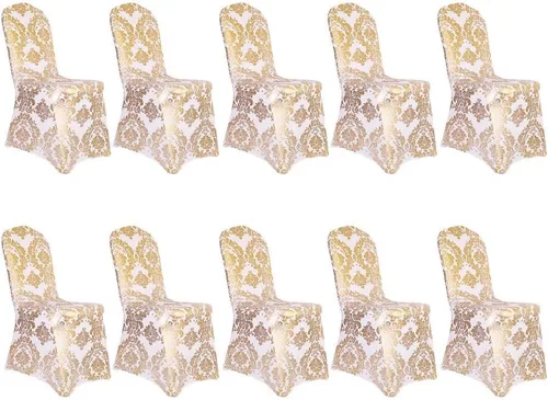 Vista 13 de Juego de 1 fundas decorativas para sillas de comedor, con estampado de flores doradas, extraíbles, lavables, de elastano, para fiestas, bodas Oro