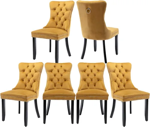 Vista 71 de Juego de 2 sillas de comedor de terciopelo, silla de comedor tapizada de alta gama con tirador de anillo en la espalda, adorno de clavos y patas