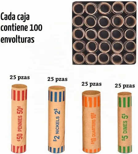 Vista 3 de 100 piezas de rollos preformados de envoltorios de monedas resistentes surtidos - Cuartos, centavos, níquel y diez centavos (Total 100 piezas)