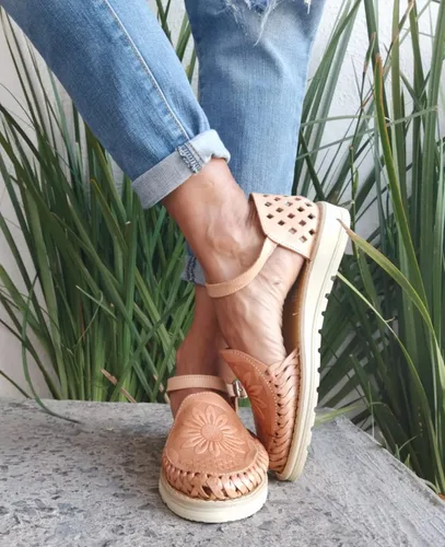 Vista 2 de Macarena Collection Sandalias Huarache para mujer sandalias de cuero colorido estilo mexicano color tostado girasol troquelado 040 Beige Bronceado