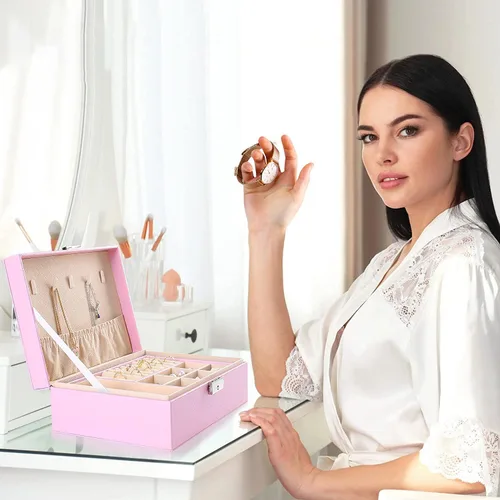 Vista 3 de Joyero organizador para mujeres y niñas, 2 capas grandes para hombre, estuche de almacenamiento de joyas de piel sintética con bandeja extraíble